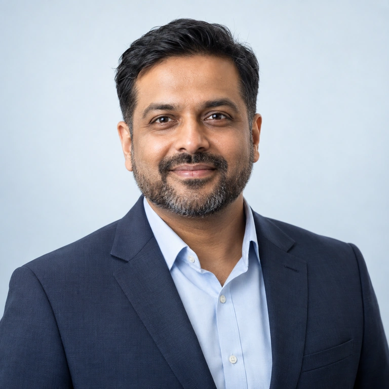 AI-generated demo portrait of a professional software head in a suit.