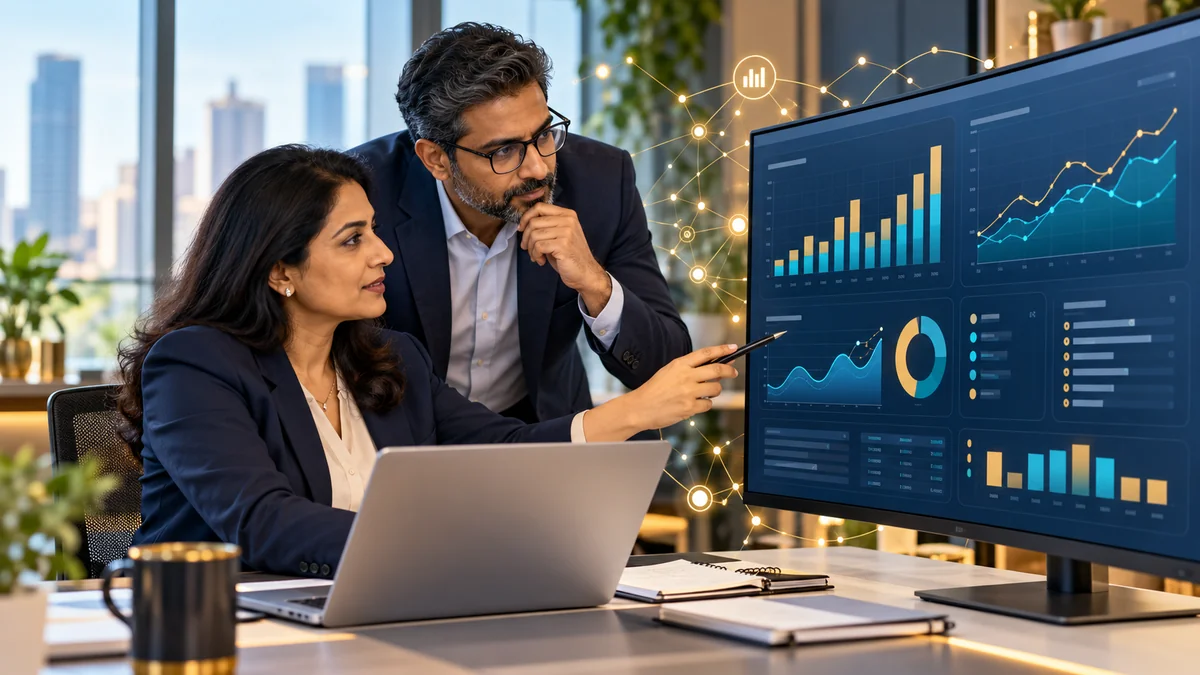 Finance professionals reviewing an AI-assisted financial reporting dashboard.